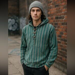 SHOP Therapy Mens Striped toggle, button Hoodie, Shirt L Grunge, Goth Streetwear